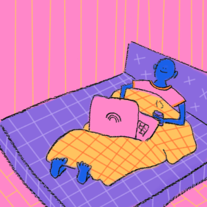 Illustration von Mensch der auf Bett liegt mit Laptop