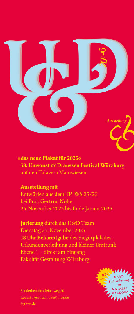 Ausstellung neues Plakat für 2026, 38. Umsonst & Draussen Festival Würzburg